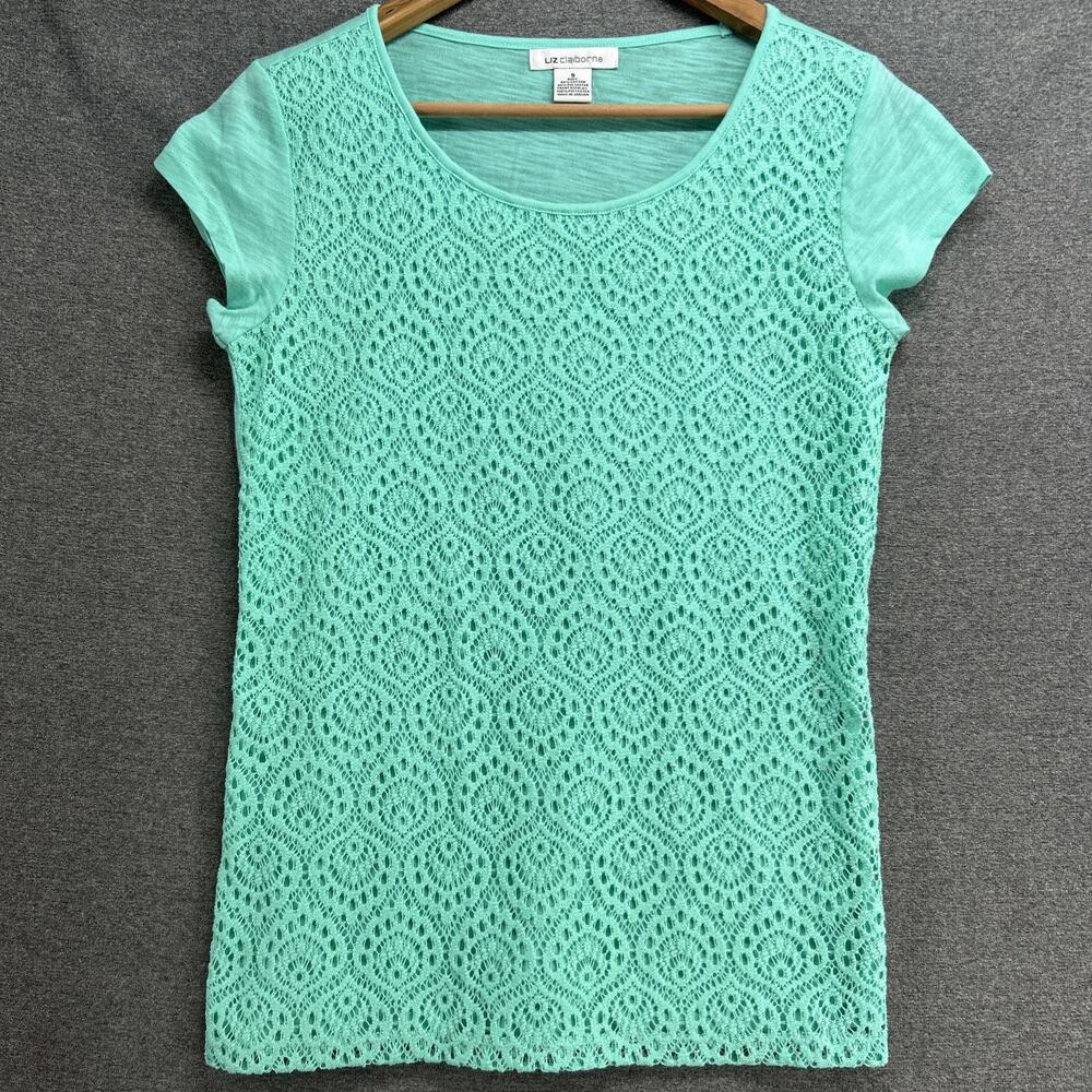Liz Claiborne Womens Small Seafoam Green Crochet Boho Short Sleeve Blouse Shirt